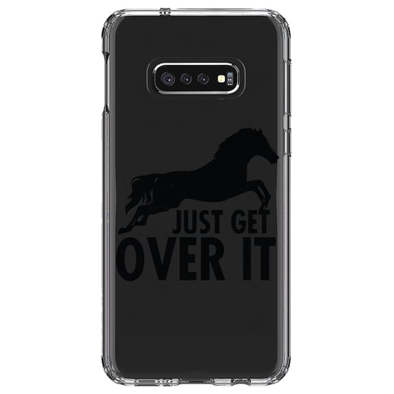 DistinctInk Clear Shockproof Hybrid Case for Samsung Galaxy S10e (5.8" Screen) - TPU Bumper Acrylic Back Tempered Glass Screen Protector - Just Get Over It - Horse Jump