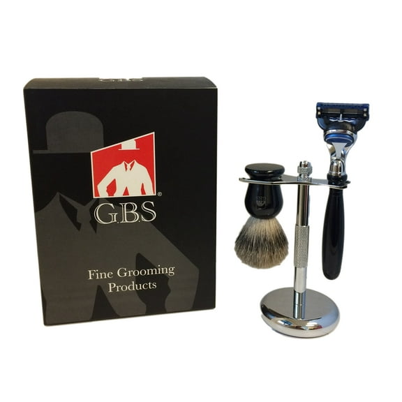 GBS 3 Piece Black Shaving Set -Comes in Gift Box- Shaving Gift Set 3 Pc with 5 Blade Razor, Pure Badger Brush and Chrome Stand From GBS