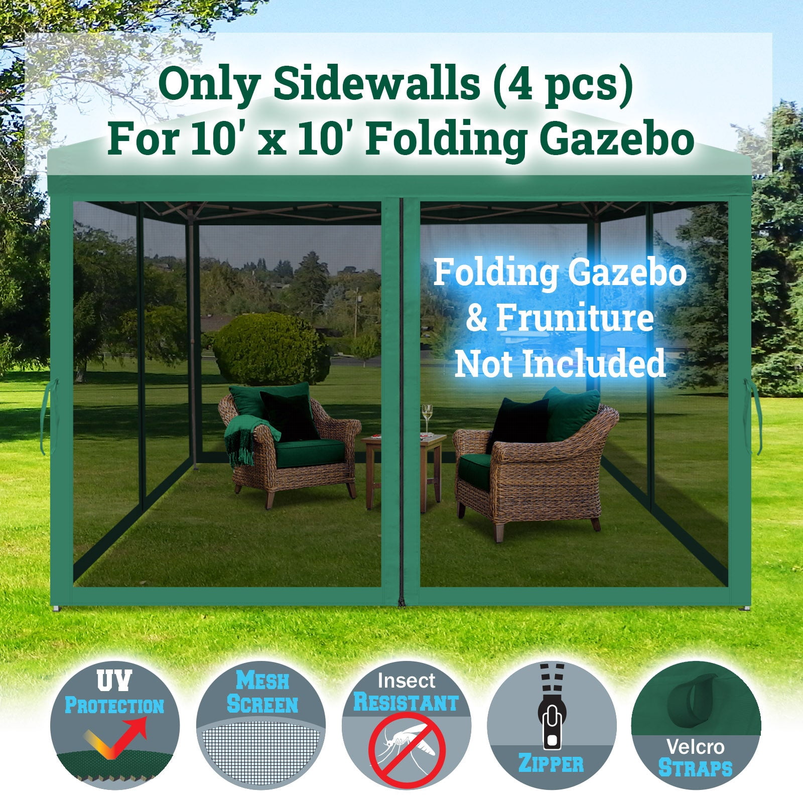 SUNRISEUMBRELLA Replacement Mosquito Netting for 10' x 10' Gazebo, Zippered Mesh Sidewalls Only, Pack of 4 (10' L X 6.4' W for 10' x 10' Gazebo, Green)