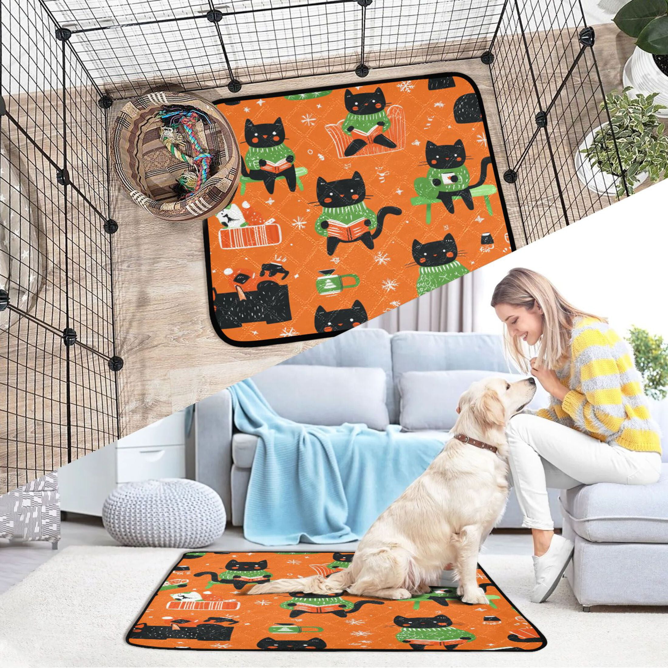 Washable Pet Pee Pads with Super Absorbent Reusable Training Pads for Dogs & Cats Cartoon Black Cats Pattern