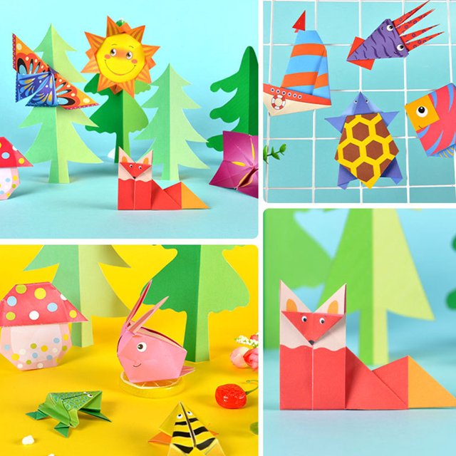 Muyoka Juguete de libro de animales de dibujos animados 54 hojas de papel de Origami DIY 14x14 cm papel cuadrado de doble cara 27 colores vivos para niños, artes, manualidades, proyectos Muyoka Hogar