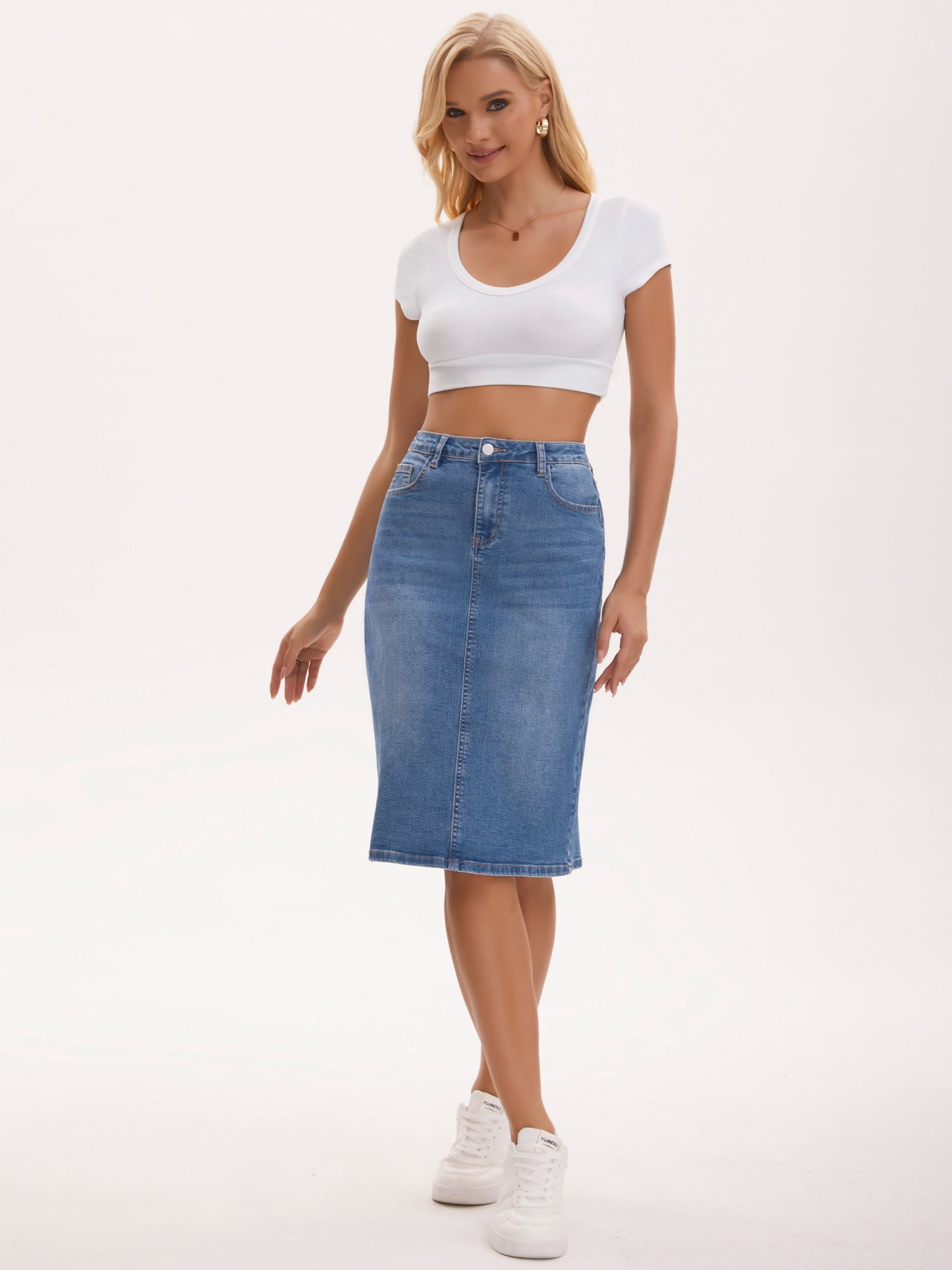 DARING DIVA Women's Jean Back Slit Stretch Below Knee Length Denim Skirts XXL Blue