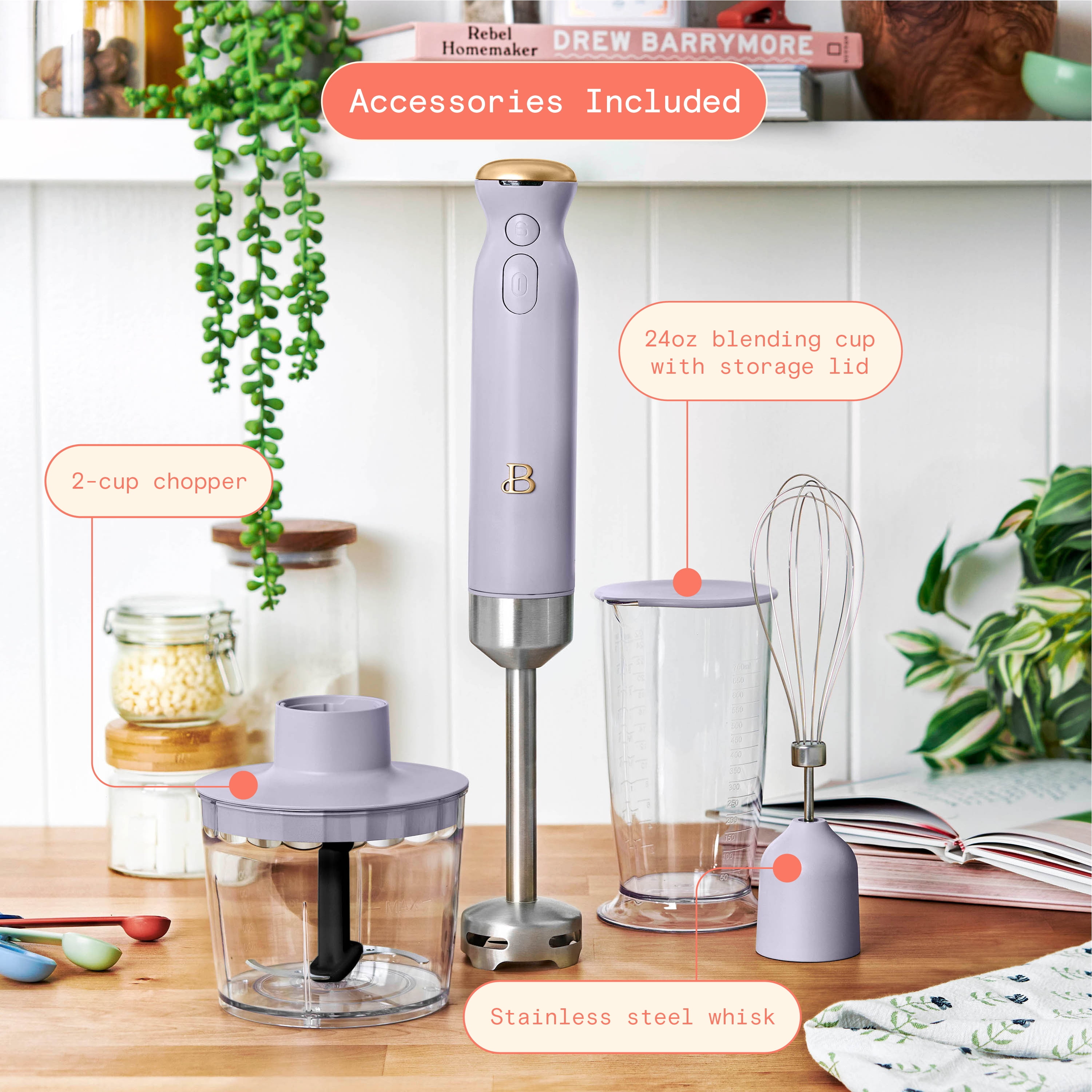 Beautiful Cordless Immersion Blender with Chopper, Whisk & Measuring Cup, Lavender by Drew Barrymore