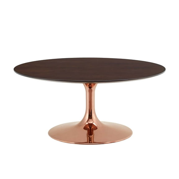 Coffee Table, Round, Wood, Metal Steel, Rose Gold Dark Brown Brown Walnut, Modern Contemporary Urban Design, Living Lounge Room Hotel Lobby Hospitality