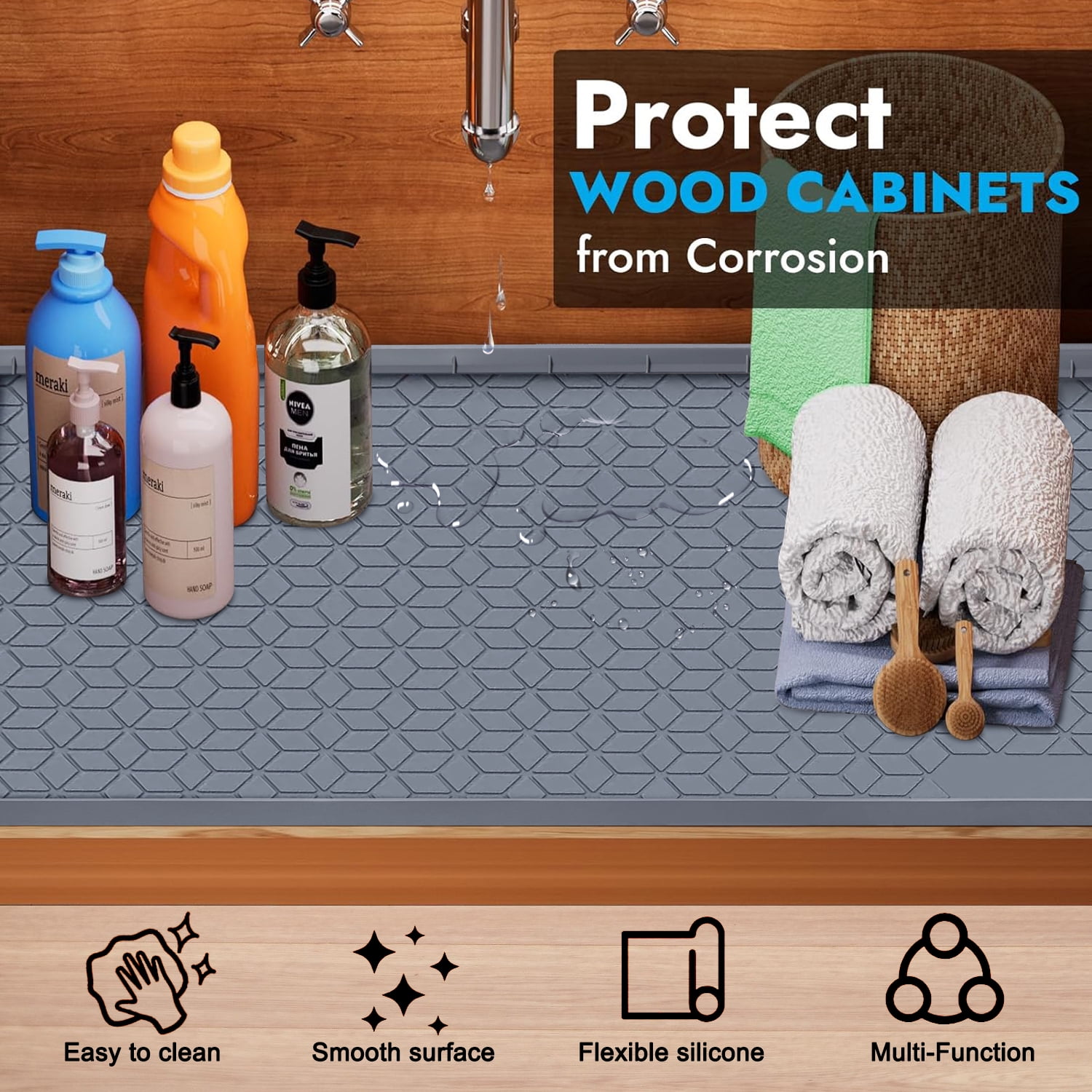 Livhil Under Sink Mat for Kitchen Waterproof, Silicone Sink Mat Cabinet Liner for Bathroom, Under Sink Mat with Raised Edge (34 x 22 Inch)