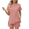 thumbnail image 1 of AherBiu Womens Short Sweatsuits Short Sleeve Side Slit Pullover Tops with Sweatshorts 2 Piece Summer Workout Sets, 1 of 6