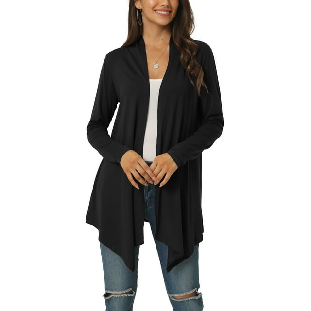 INSPIRE CHIC Women's Spring Fall Draped Open Front Casual Long Sleeve Lightweight Cardigan S Black