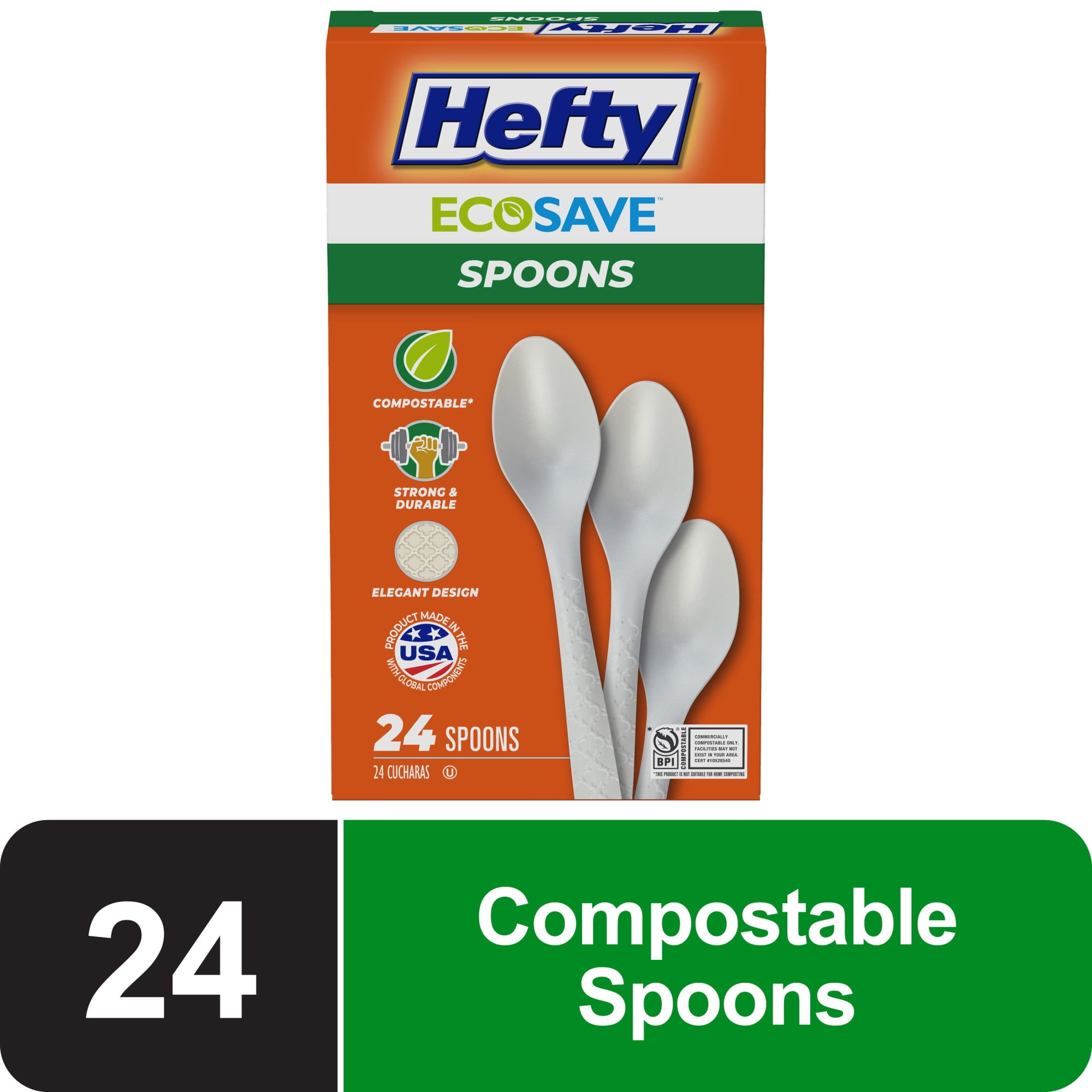 Hefty ECOSAVE Compostable Spoons, Disposable Spoon Set, 24 Count