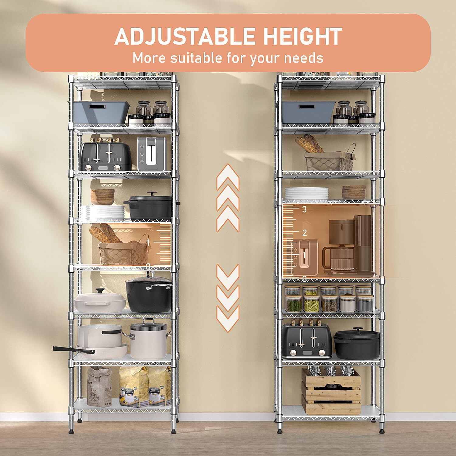 M MZG 8-Tier Metal Wire Shelf, Height Adjustable, 13.8"D x 23.6"W x 79.5"H, Silver