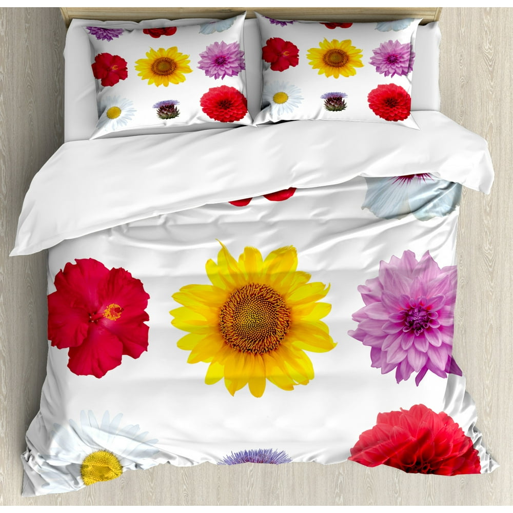 Flowers Duvet Cover Set, Beautiful Various Type Petals Photo on Plain