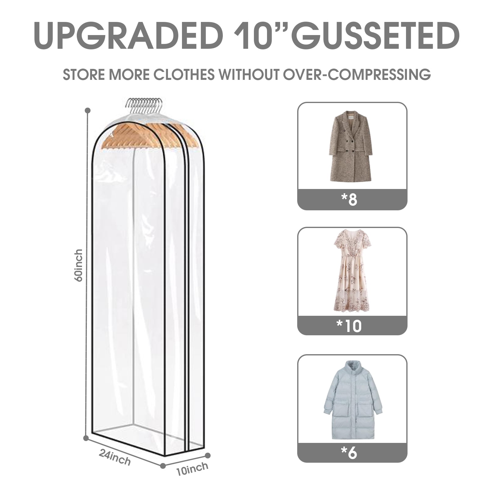 Lumikrypt 4Pack 60" Garment Bags for Hanging Clothes, 10" Gusseted Clear Suit Bags for Closet Storage with Zipper, Hanging Clothes Storage for Shirts, Coats, Dresses