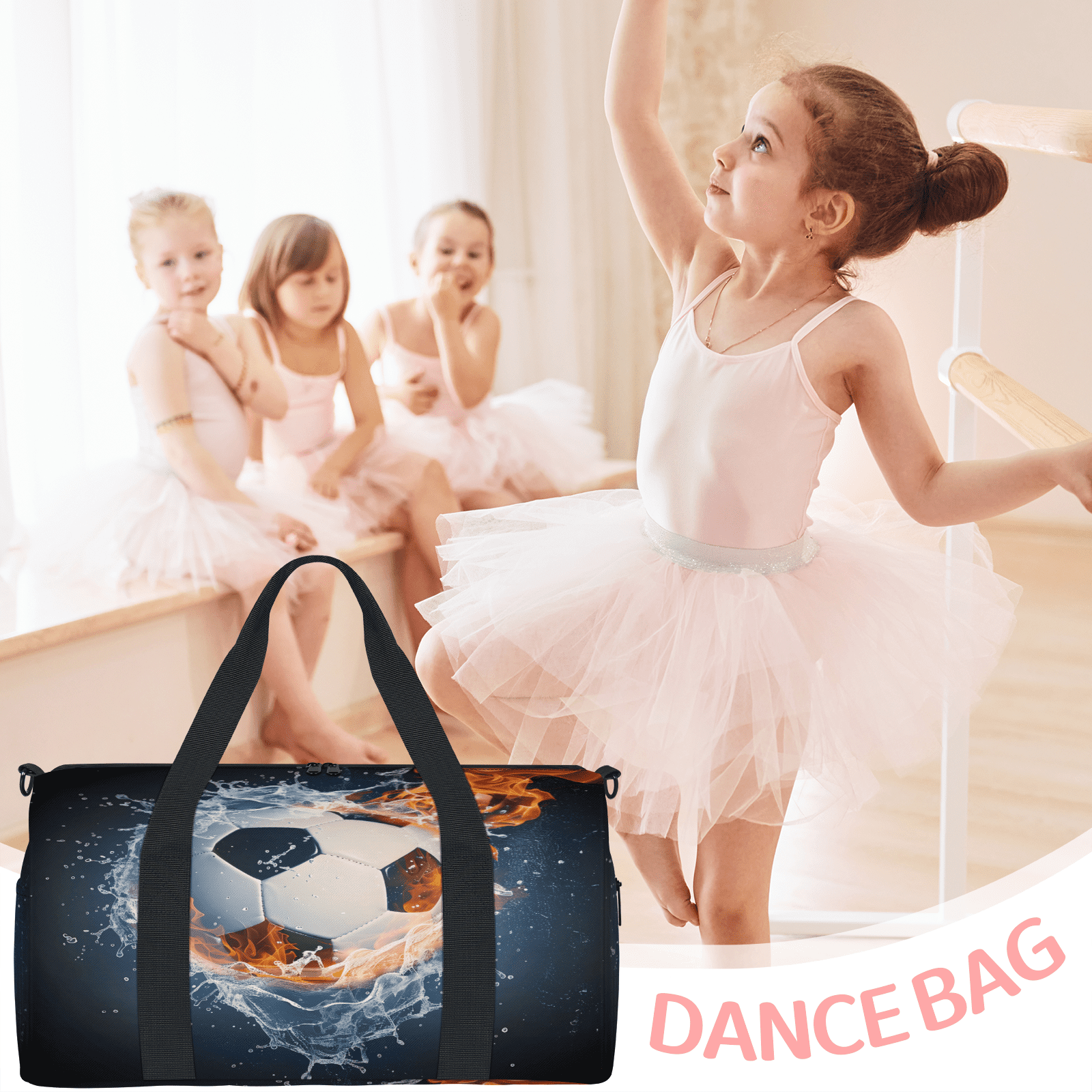 Herdesigns Soccer Ball On Fire And Water Travel Duffle Bag Sports Yoga Weekender Overnight Carry on Workout Bags Lightweight Waterproof Gym Tote Bag for Women