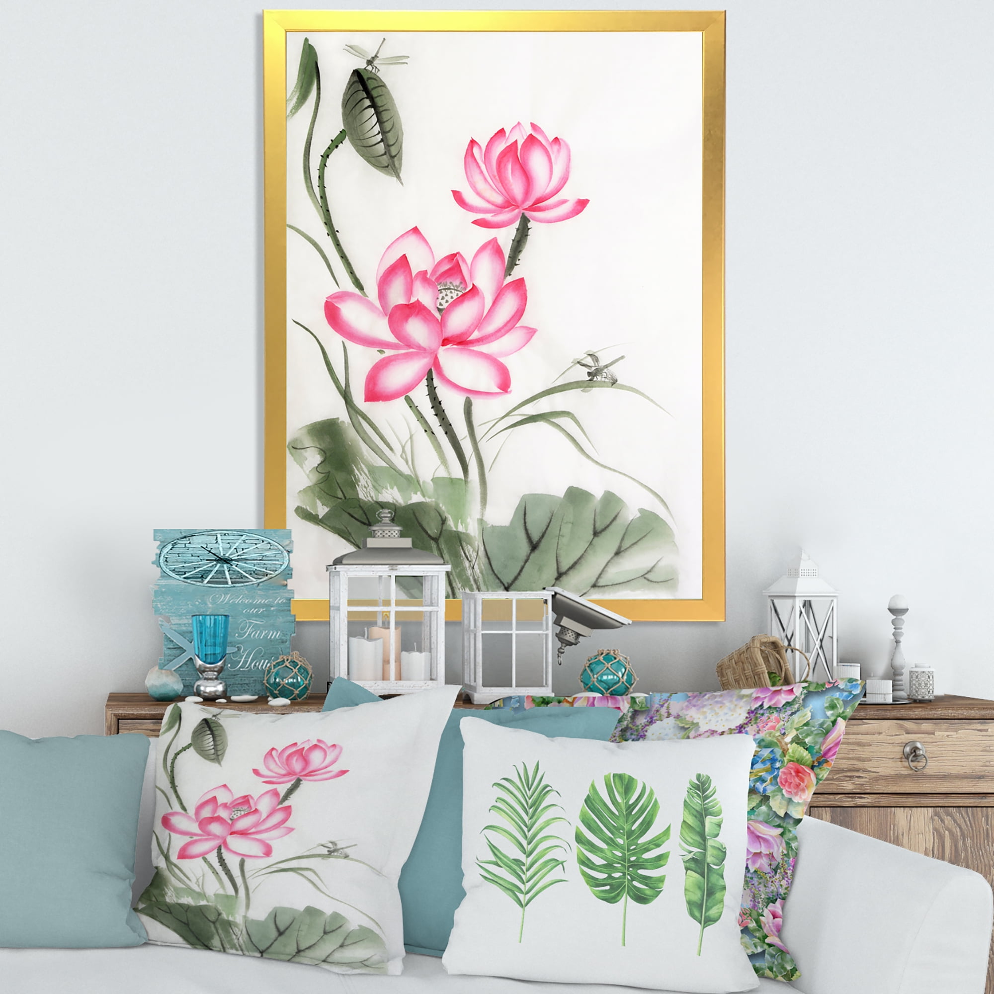 Designart 'The Dragonfly and Lotus I' Traditional Framed Art Print