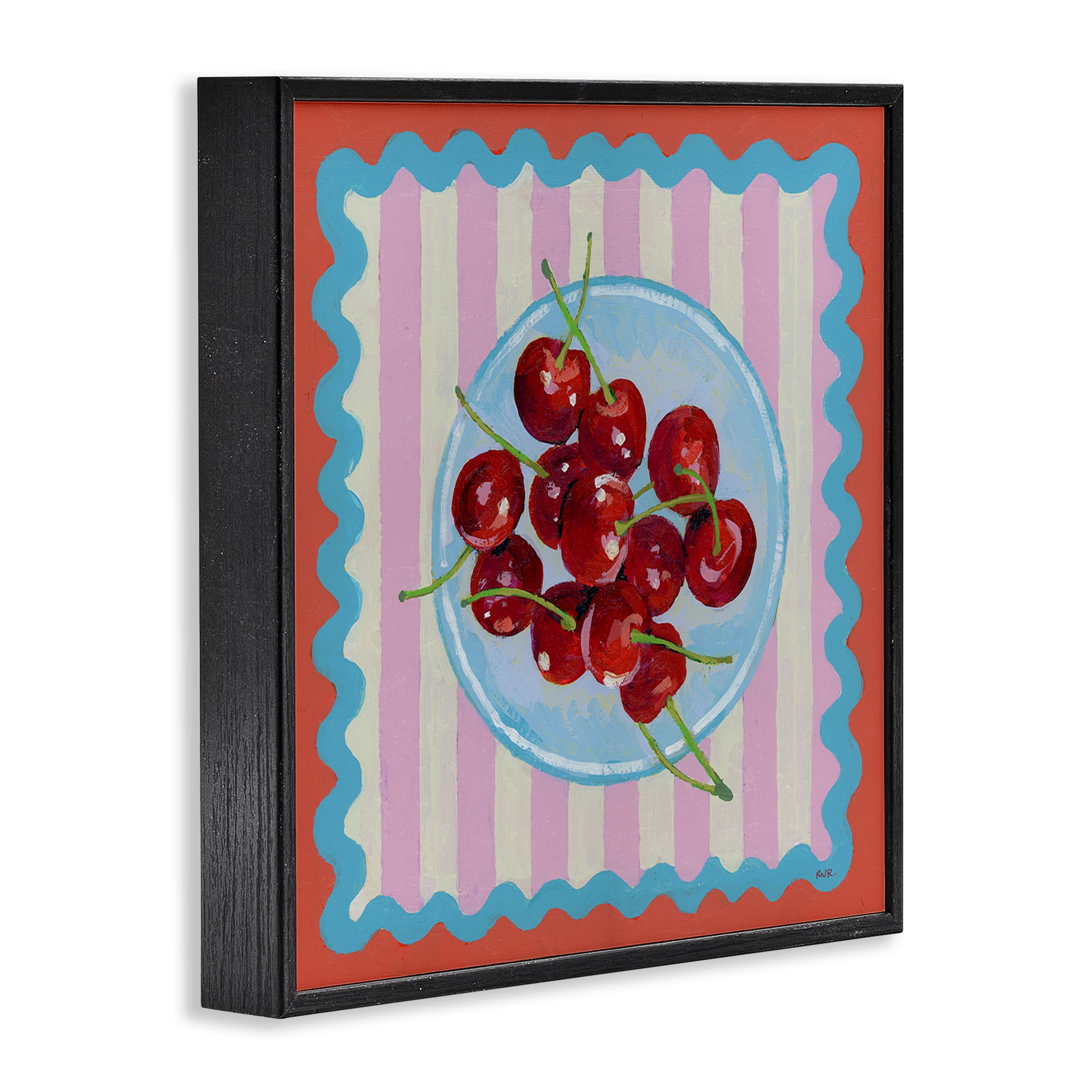 Stupell Industries Red Cherries over Pink Stripes Black Framed Giclee Art, design by Rachael Reese