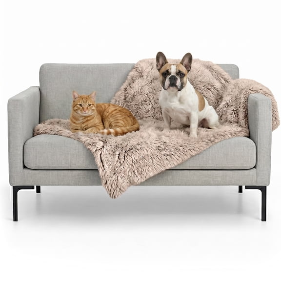 FurHaven Waterproof Throw Blanket for Dogs & Indoor Cats, Washable - Shaggy Plush Calming Long Faux Fur & Velvet Dog Blanket - Taupe, Medium