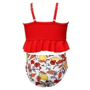 Fesfesfes Girls Summer Swimsuits Casual Cute Floral Print Double Ruffle Sling Swimwear Beach Swimsuits Split Two-Piece Bikini Sets