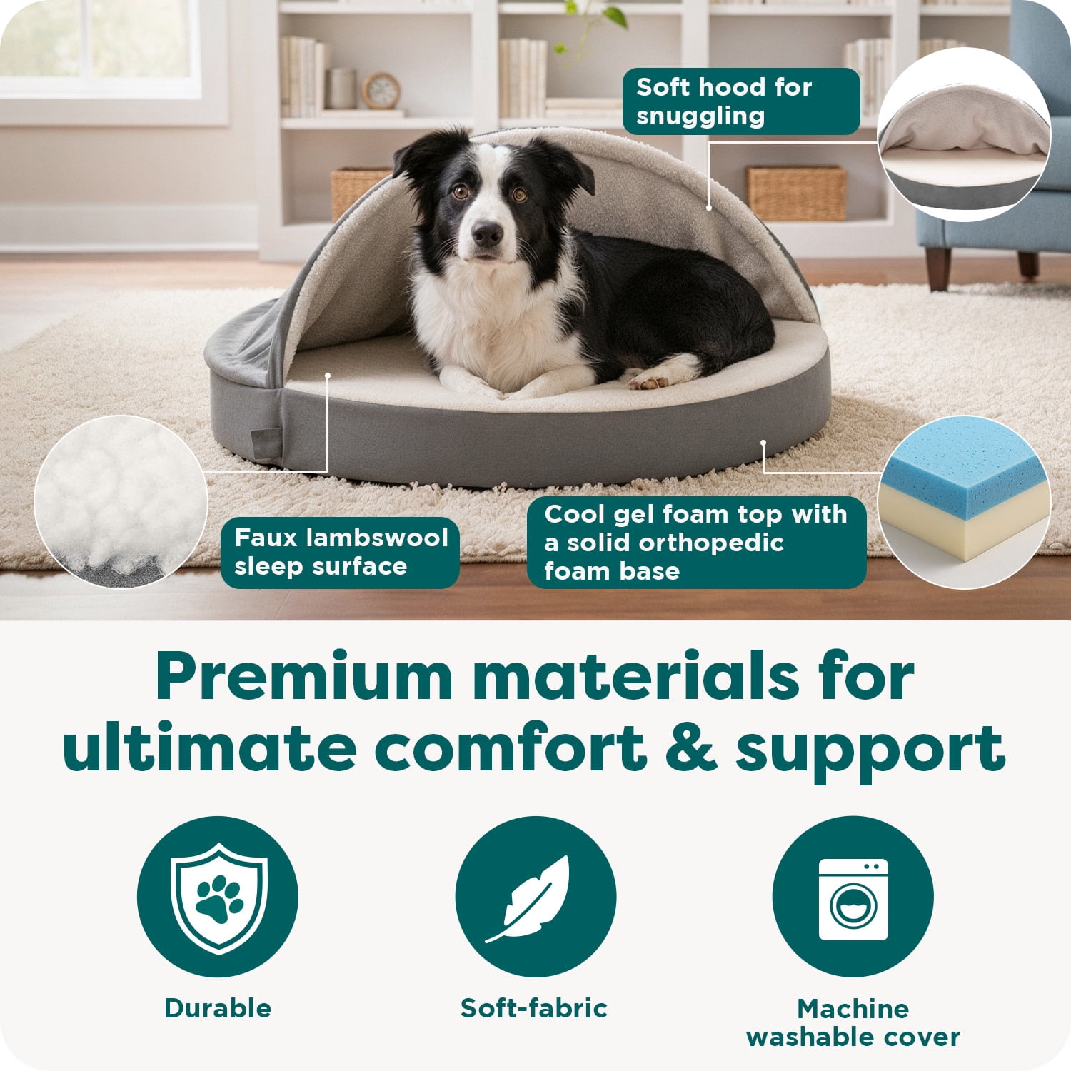 FurHaven Round Orthopedic Dog Bed for Large Dogs, Cool Gel-Top Foam with a Solid Orthopedic Foam Base, Attached Blanket Hood and Washable Cover, Large, Faux Lambswool & Suede Snuggery, Espresso, 1 Co