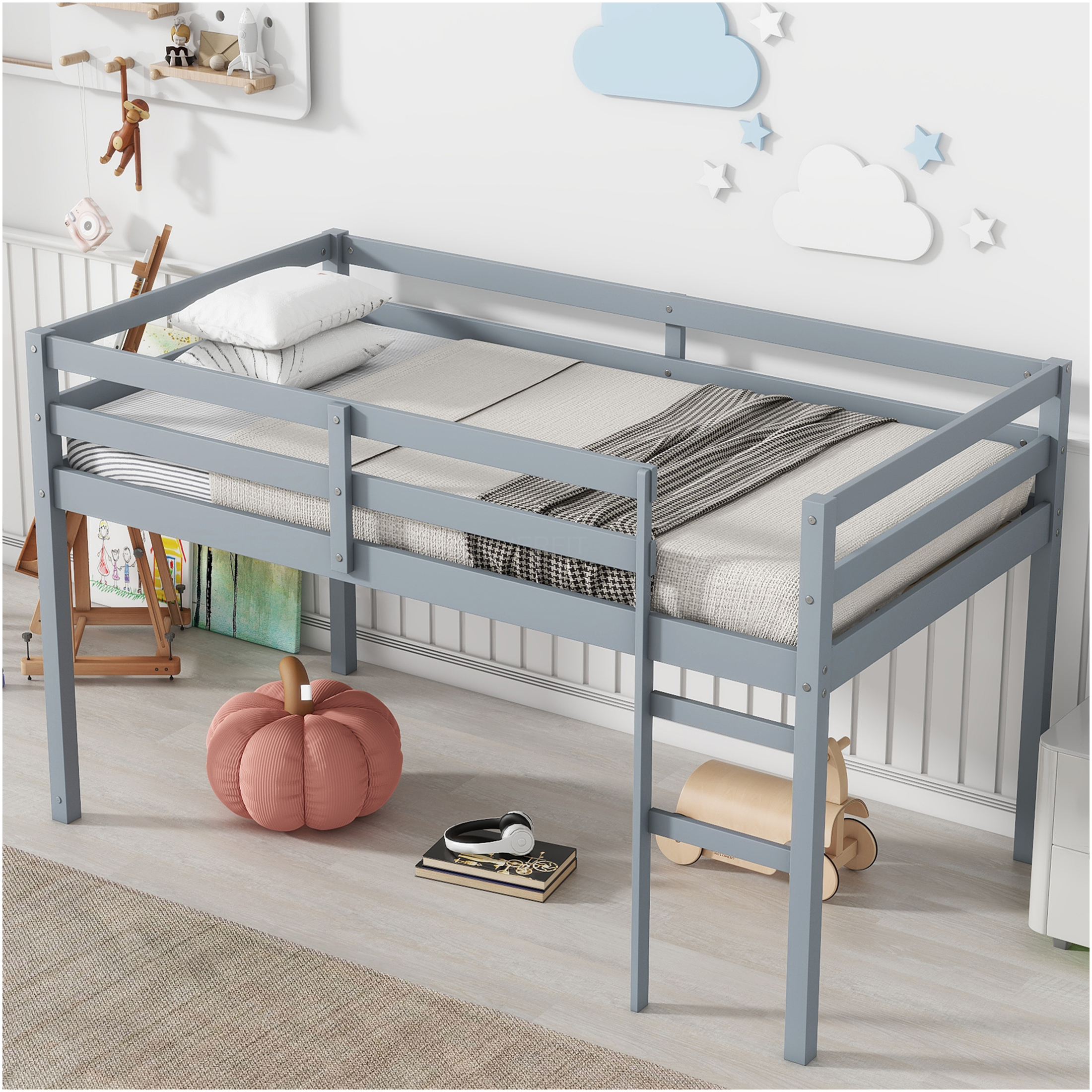 JERFIT Twin Wood Loft Bed with Ladder, Grey