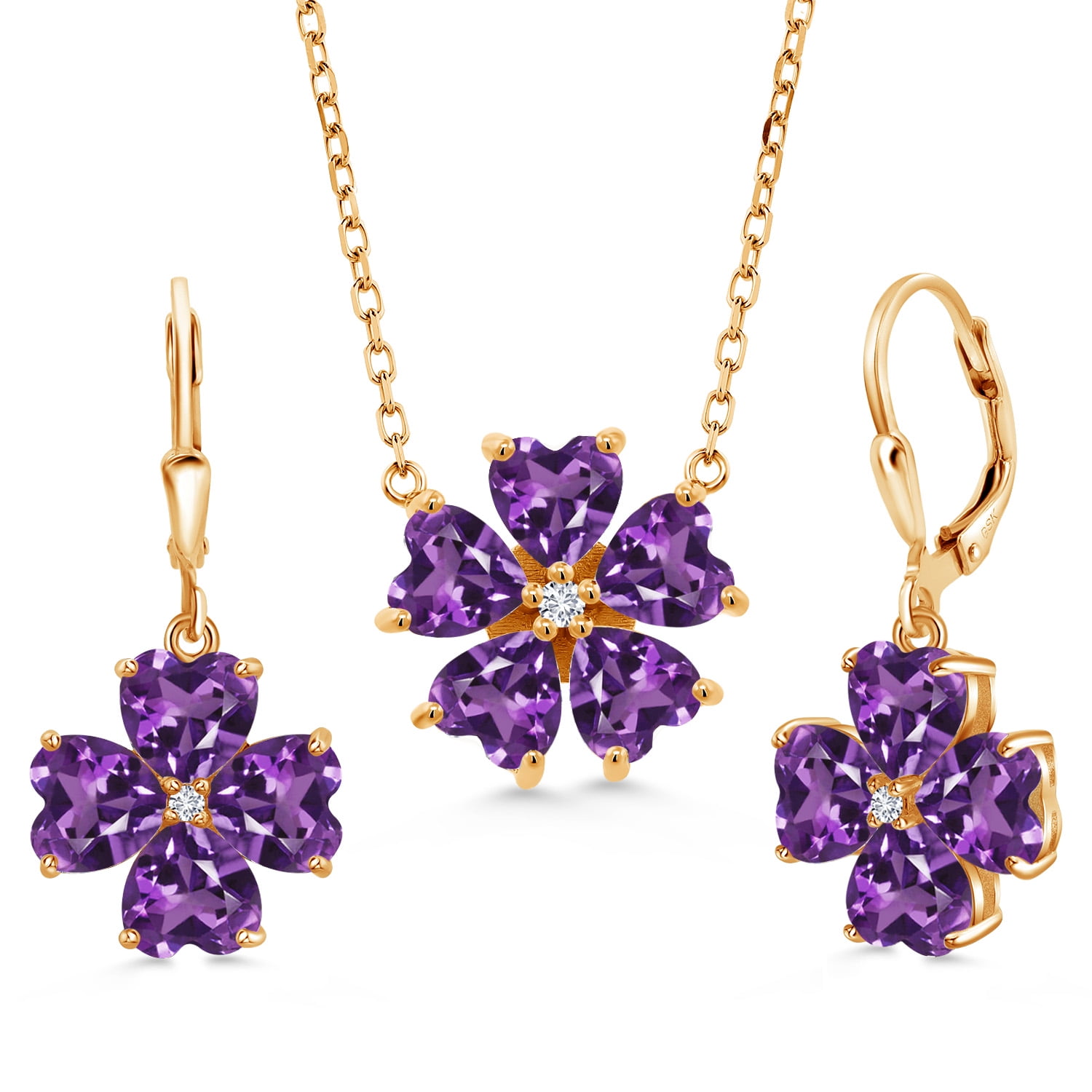 Gem Stone King 18K Yellow Gold Plated Silver Purple Amethyst and White Lab Grown Diamond Pendant Necklace Earrings Jewelry Set for Women (10.45 Cttw, Heart Shape 6MM, with 18 inch Chain)