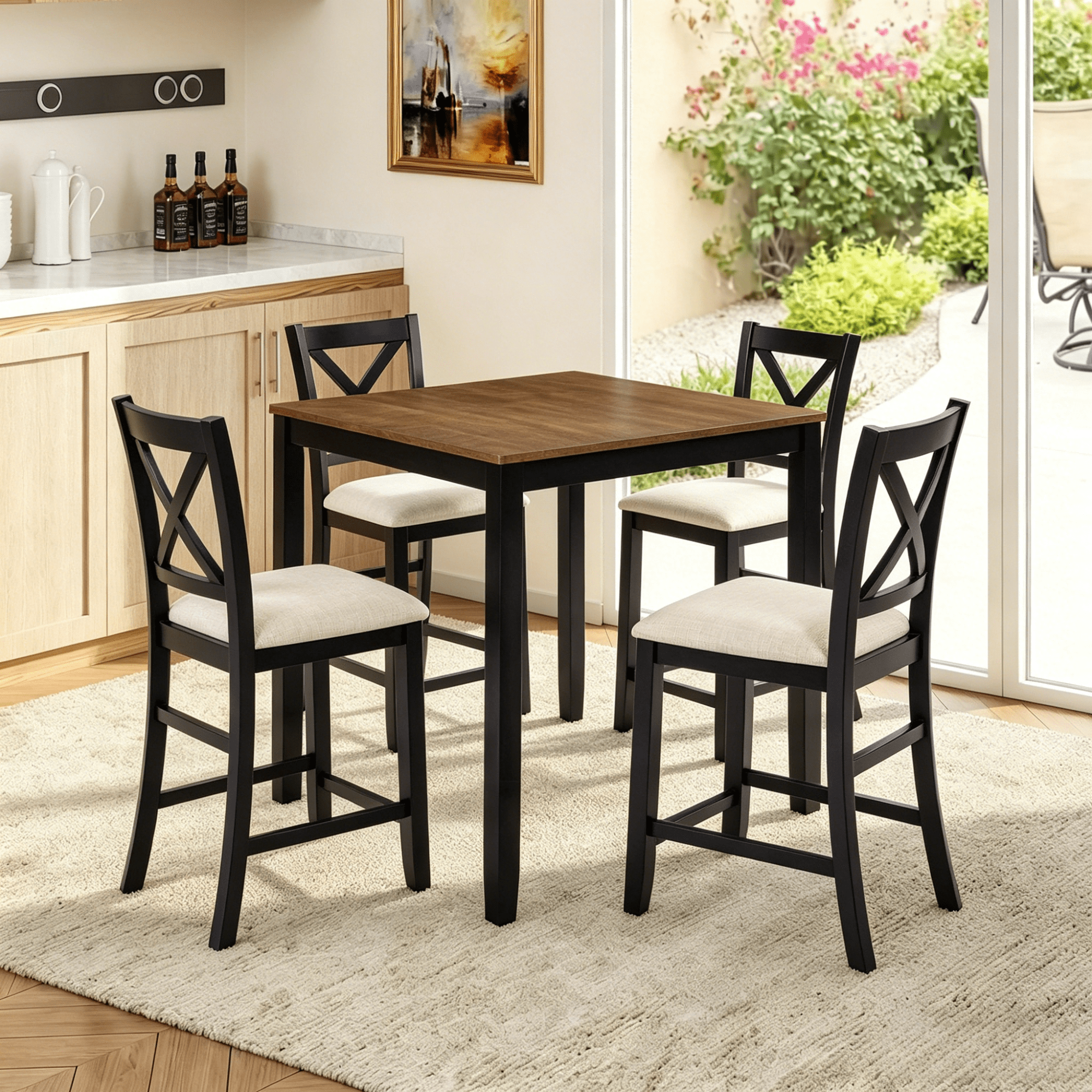 Gewnee 5-Piece Counter Height Dining Table Set with 4 Chairs,Classic Farmhouse Wooden 34.5" Square Table for Kitchen,Dining Room,Black & Oak Two-Tone.