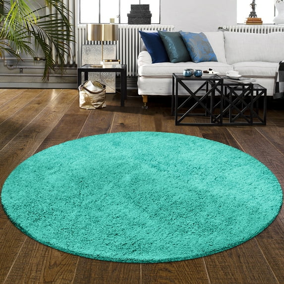 Elegant and Plush Hand-Woven Solid Shag Indoor High Traffic Round Area Rug by Blue Nile Mills - 6.5' Round, Ocean Blue