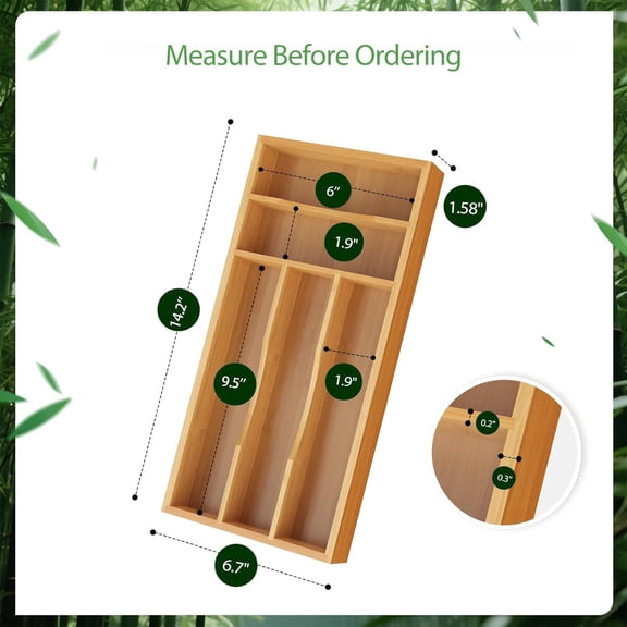 Small Silverware Organizer, Bamboo Kitchen Drawer Cutlery Organizer, Utensil Holder, Flatware Organizer Tray (14.2"x6.7"x1.6")