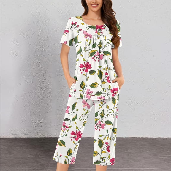 CLOISE Sleepwear for Women Pajama Set Two Piece Comfortable Short Sleeve Sleepwear Shirts and Soft Capri Pants with Pockets Sleep Sets Casual Button Plisse Floral Graphic Trendy Night Clothes
