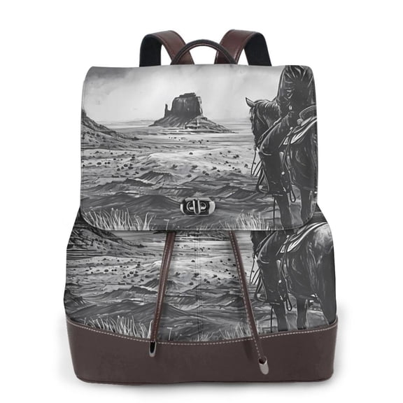 Xecao 60s Black White Western Cowboy Print Large Backpack Soft Leather for Women Travel with Compartment, Adjustable Convertible Strap