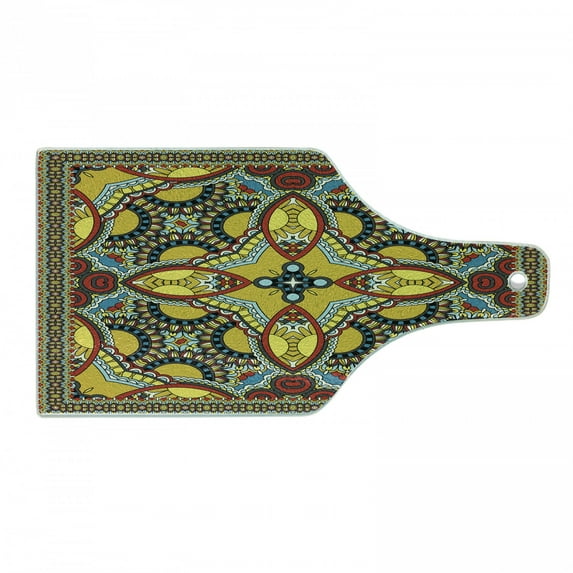 Oriental Cutting Board, Middle Orient Eastern Design Different Floral Swirl Detailed Image Art, Decorative Tempered Glass Cutting and Serving Board, Wine Bottle Shape, Multicolor, by Ambesonne