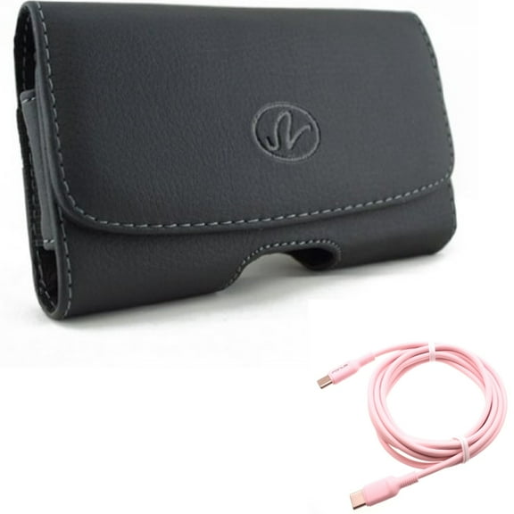 For Galaxy A54 /A53 /A33 5G - Case Belt Clip w Pink 10ft Long Cable, Leather Swivel Holster Loops Cover Pouch Carry Protective Black, USB-C to Type-C PD for Samsung Galaxy A54 /A53 /A33 5G