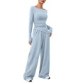 thumbnail image 5 of Two Piece Set for Women, Long Sleeve Off Shoulder Top with Pleated Detail and Wide Leg Pants, Casual Matching Loungewear Set, Soft Rayon Blend Outfit for Travel, Lounge and Daily Wear Light Blue, 5 of 9