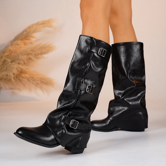 Women's Boots Fall Winter Solid Color Round Toe Buckle Mid Heel Mid-Calf Knight Boots Soft Comfort Fashion Casual for Women Leisure Outdoor Daily Wear