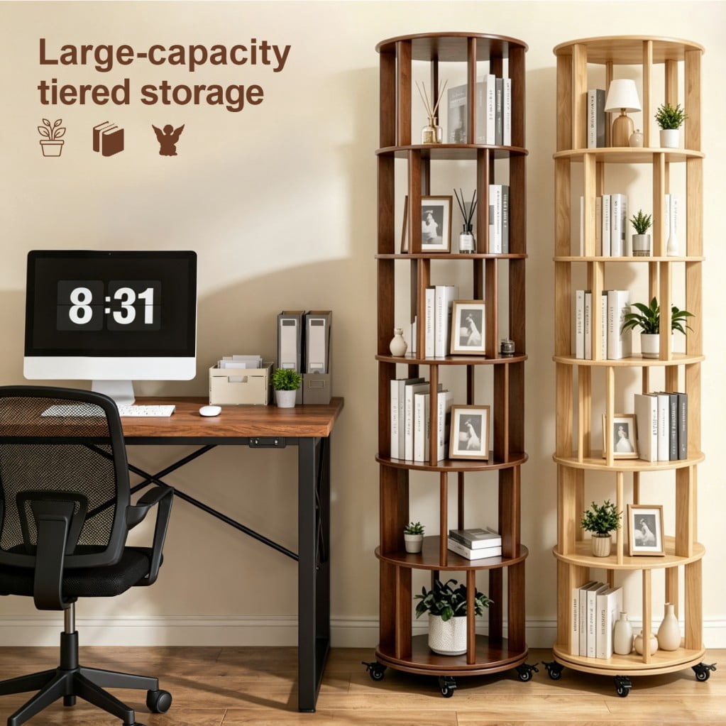 6-Tier Rotating Bookshelf, Solid Wood Spinning Bookcase Tower with Locking Wheels, 360° Display Round Bookshelf for Small Spaces, Natuarl