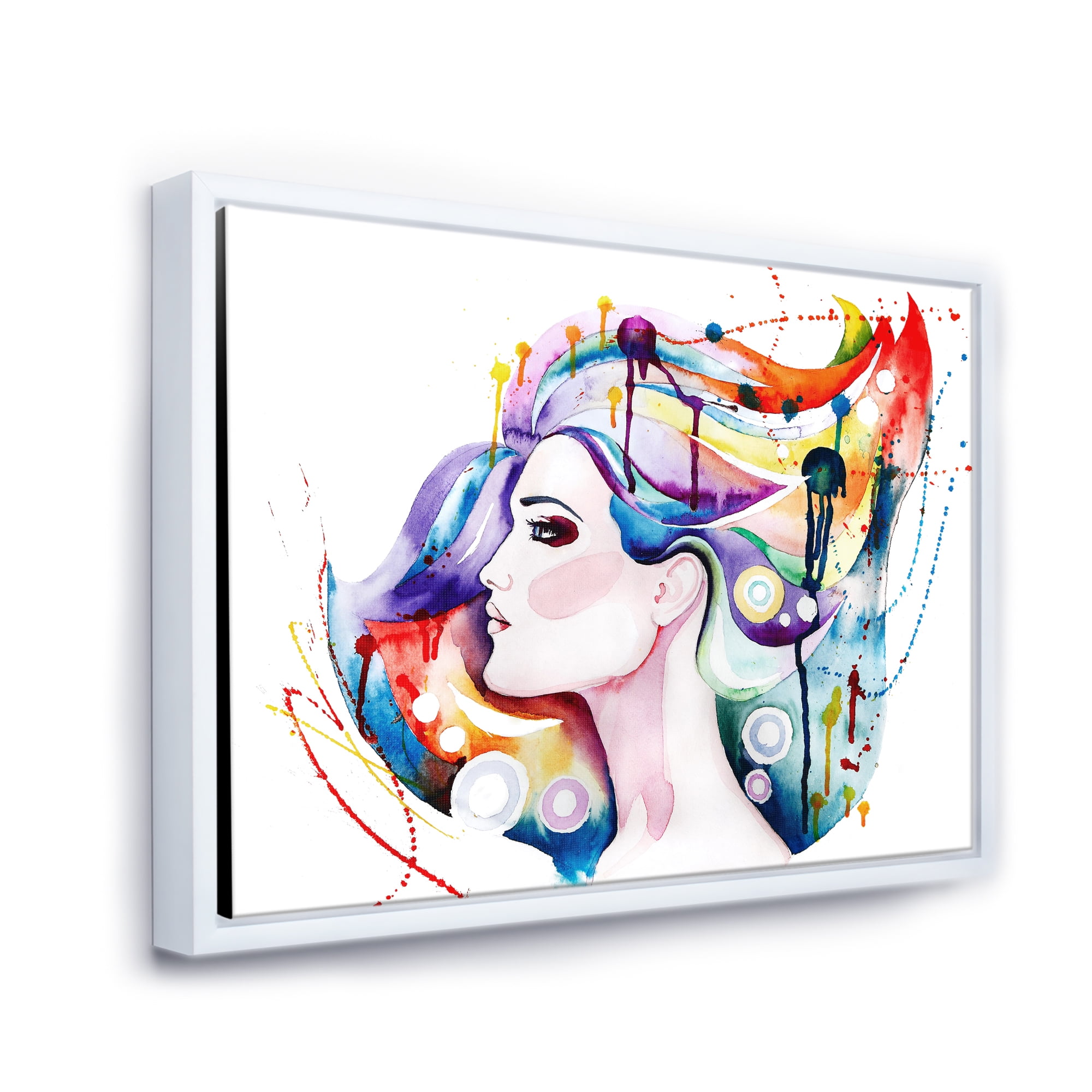 Designart 'Beautiful Young Woman With Colorful Hair' Traditional Framed Canvas Wall Art Print