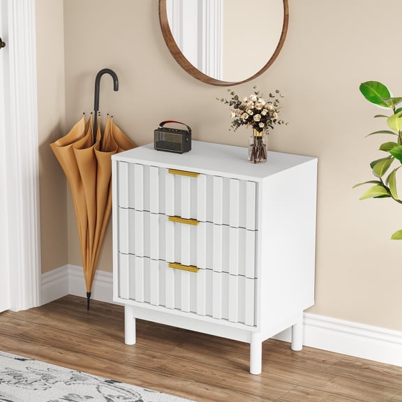 3 Drawer Nightstand Dresser with Fluted Panel, Modern MDF Side Cabinet, White Wood Storage Chest for Bedroom Entryway