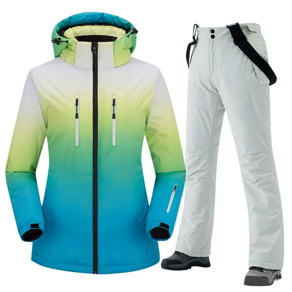 Xfvqtps Men and Women Ski Jacket and Pant Set Gradient Snowsuit Snowboarding Suit Hooded Coat and Overalls Waterproof Windproof Outdoor Winter Ski Suits White