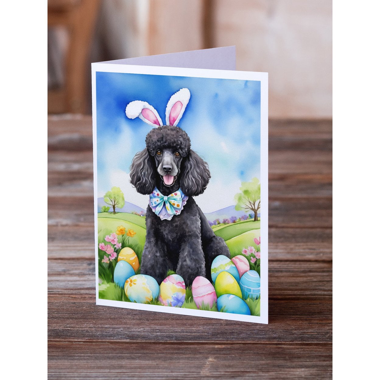 Black Poodle Easter Egg Hunt Greeting Cards Pack of 8 7 in x 5 in