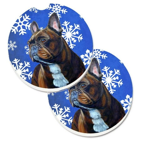 

French Bulldog Winter Snowflakes Holiday Set of 2 Cup Holder Car Coaster