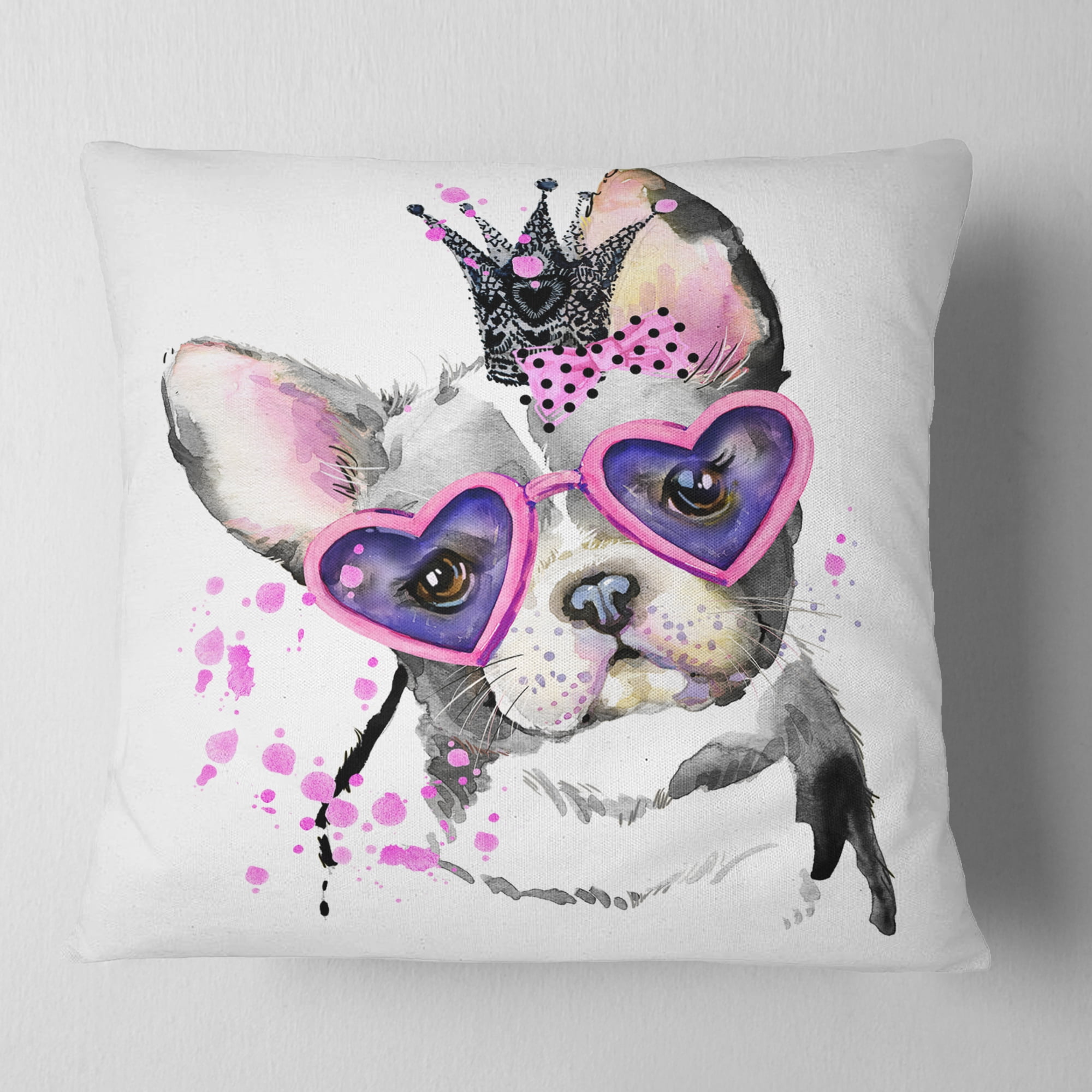 Designart Sweet Funny Dog with Glasses - Animal Throw Pillow - 16x16