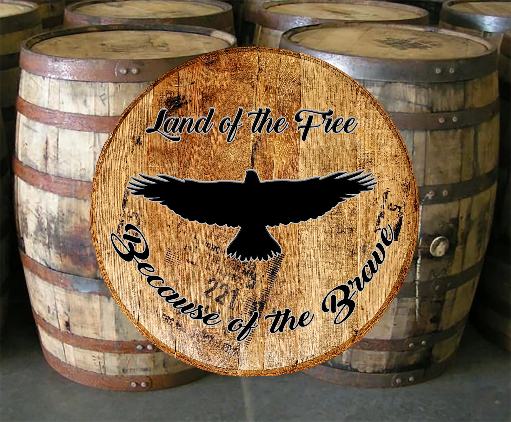 Whiskey Barrel Head Land of Free Because of Brave Wall Art Bar Sign Home Décor 