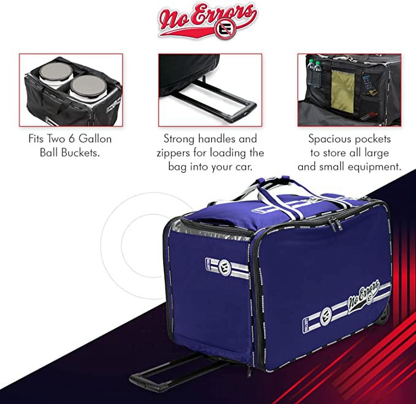 Ball Boy XL Wheeled Baseball Coaches Bag - Heavy Duty Baseball and Softball Bag for Coaches - Holds Two 6 Gallon Ball Buckets and Coaching Equipment