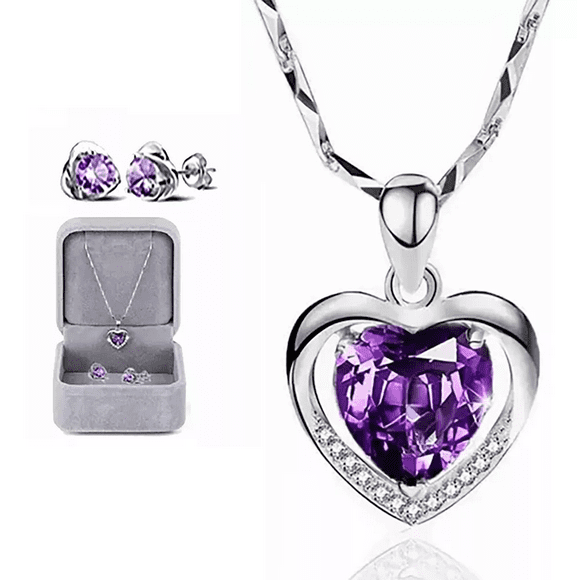 Collar Amatista De Corazón Oro18k + pendientes Y Pulsera, Morado