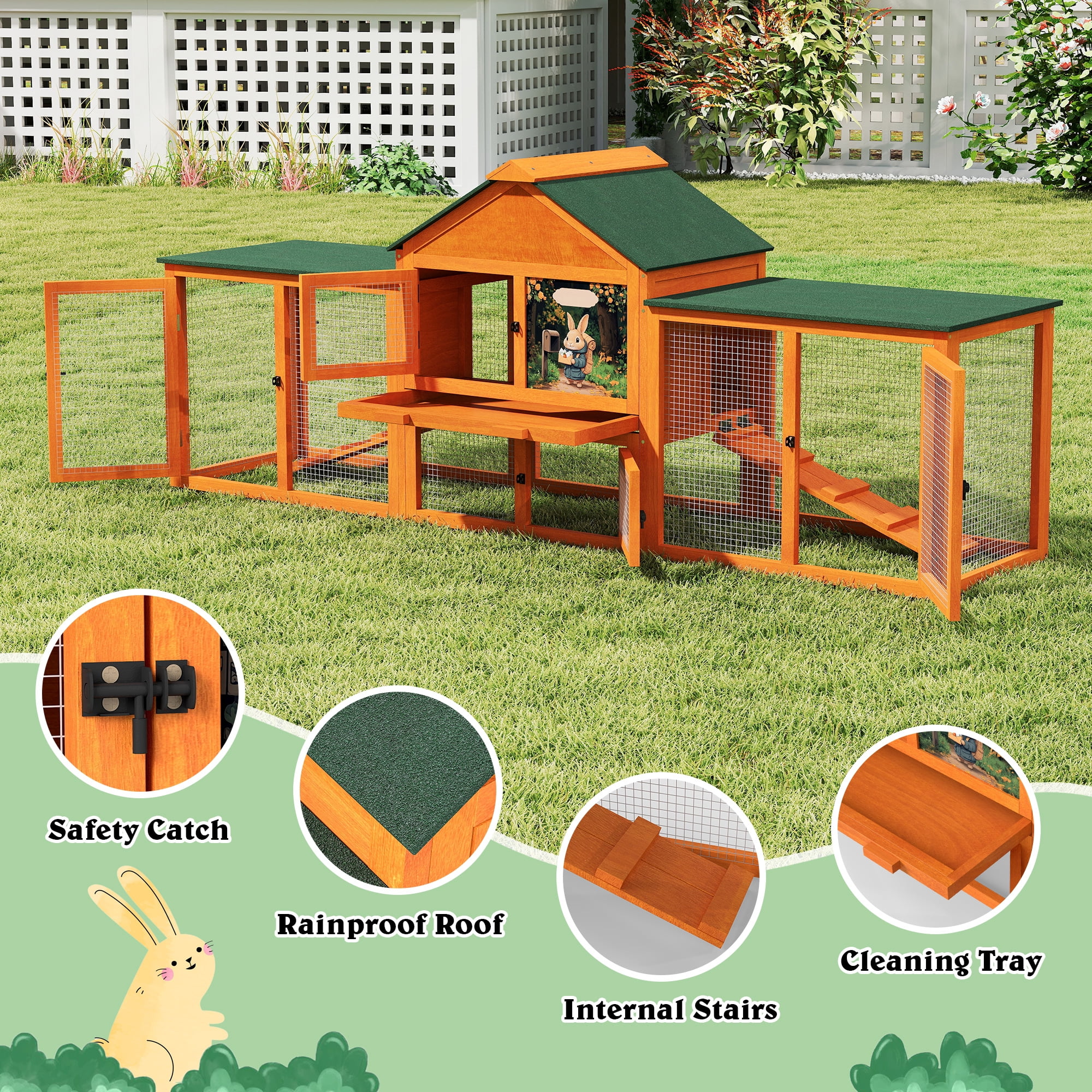 83”Large Wooden Rabbit Hutch Outdoor Easy to Assemble，Rabbit Cage Bunny Hutch Indoor with Cleaning Tray & Waterproof Roof for Small&Medium Bunny Rabbit，Orange