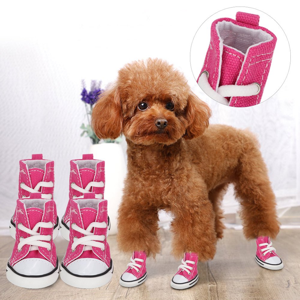 EECOO Denim Pink Dog Sneakers, Denim Dog Sneakers,4pcs / Set Pink Denim Anti-slip Sporty