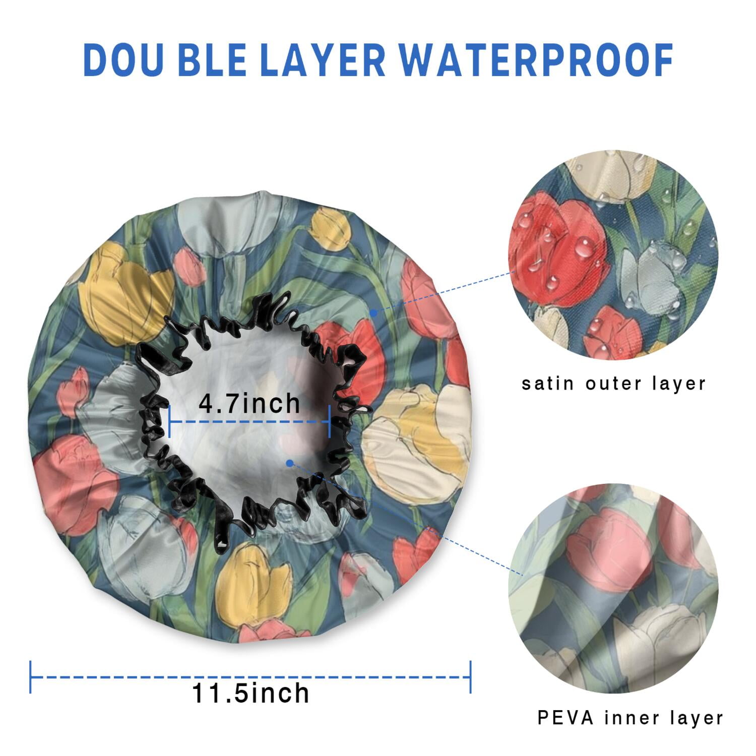 Shower Caps,Pioneer Flower Floral Print Pattern Waterproof Shower Cap for Women 4 Pieces,Double Reusable Hair Cover for Shower PEVA Elastic Stretch Hem
