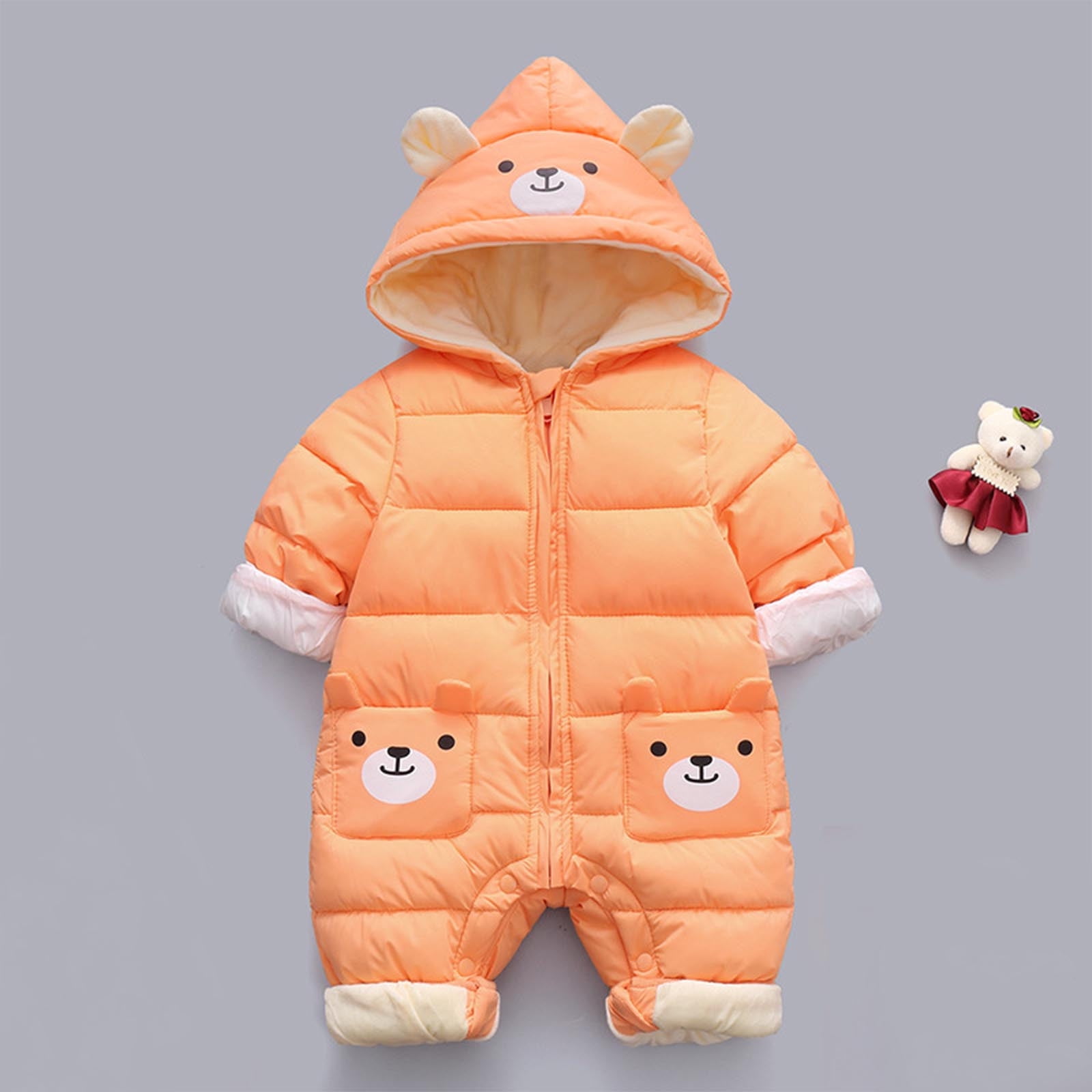 Kaemgyyd Newborn Baby Fleece Lined Outfit Infant Girls Boys Cute Print One-Piece Jumpsuit Hooded Zipper Romper Winter Clothes
