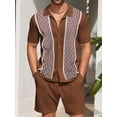 thumbnail image 3 of Biezeib Men's Summer Outfits Chain Print Short Sleeve Lapel Button Tops with Elastic Waist Solid Color Shorts 2 Pcs Set, 3 of 6