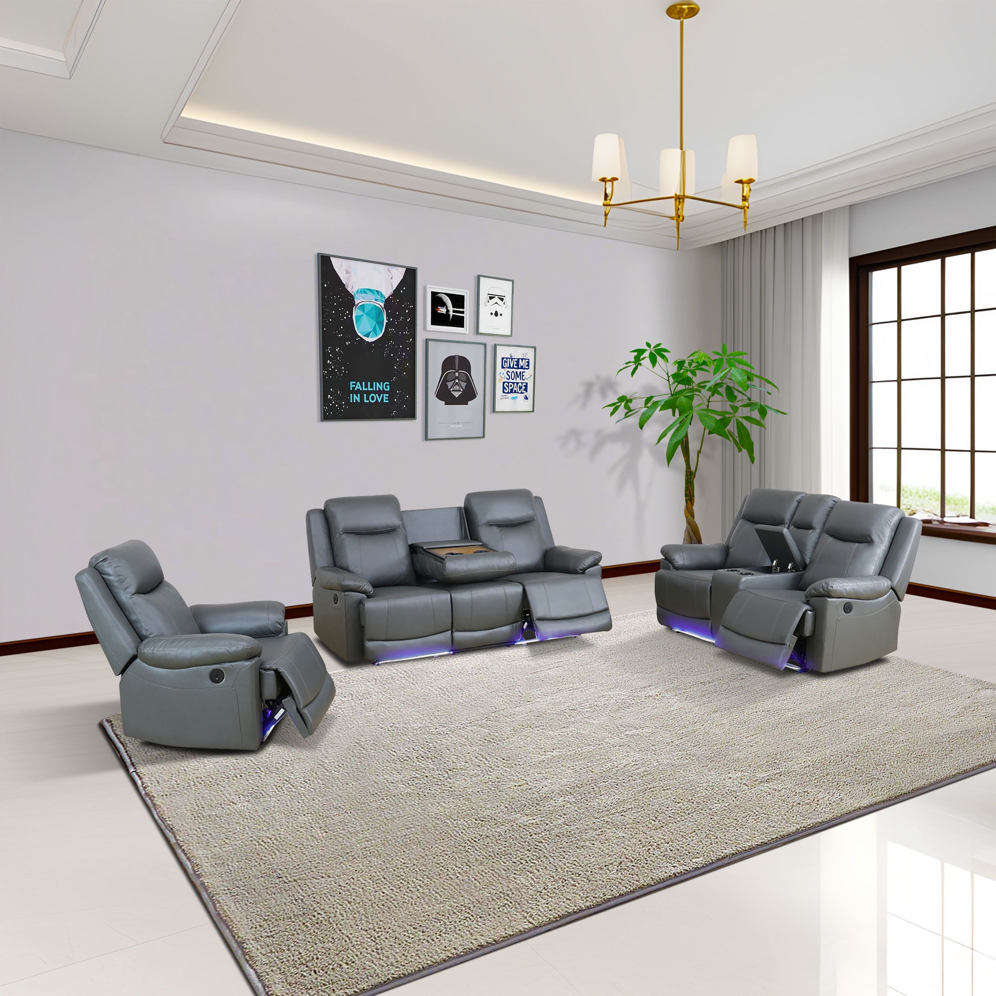 Gewnee Silver Gray 3-Piece Living Room Recliner Sofa Set with Console & Cup Holders,Air Leather, Solid Wood Frame & Double-Layer Springs