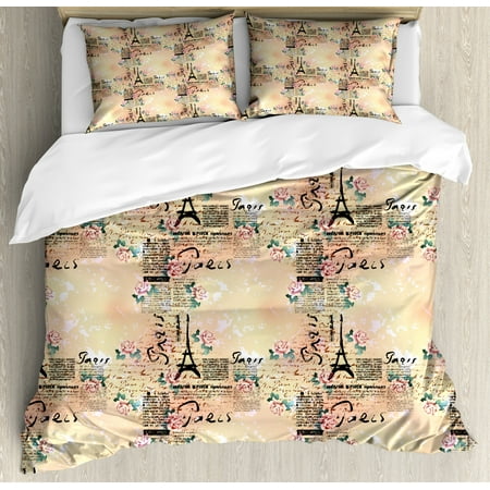 Modern Duvet Cover Set French Paris Themed Lettering With Floral