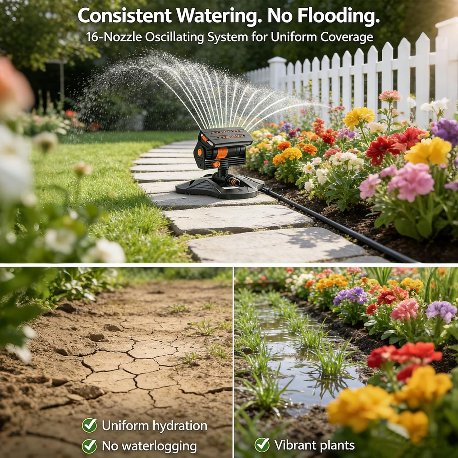 Upgraded 16-Nozzle Oscillating Sprinkler with Dual-Zone Water Timer – Mini Turbo Lawn Sprinkler for Yard & Garden, Adjustable Coverage up to 3,000 sq ft